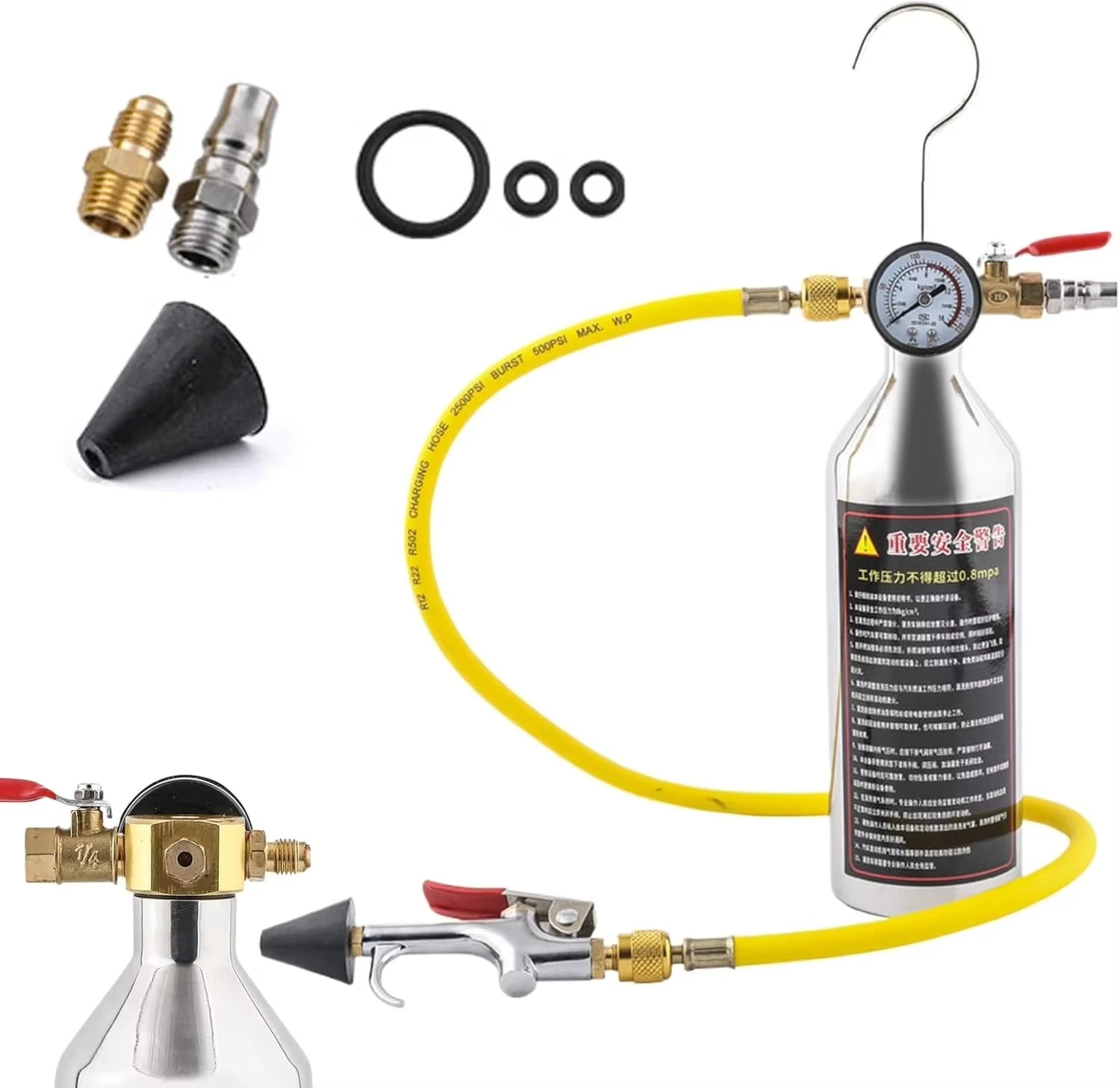 AC Air Conditioner Flush Gun Kit, Refrigeration Pipe Cleaning Bottle, HVAC System Flush Canister with Pressure Gauge for Auto AC Cooling Line Cleaning