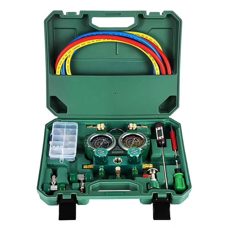 AC Manifold Gauge Set, R134A R22 R410A Refrigerant Charging Kit, HVAC Air Conditioning Pressure Gauge Tool with Test Pen and Fittings