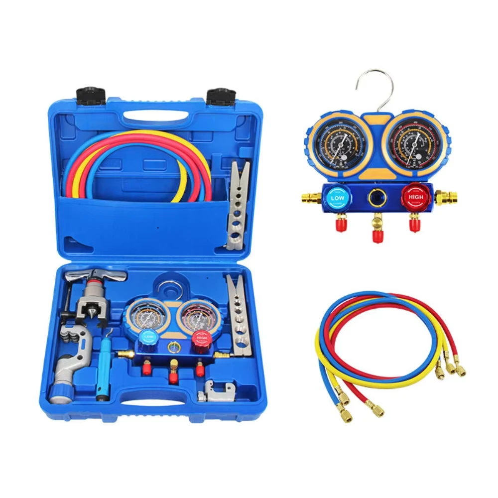 AC Manifold Gauge Set with Flaring Tool & Pipe Cutter, R134A Refrigerant Pressure Gauge Kit, HVAC Air Conditioning Refrigerant Charging Tool Kit