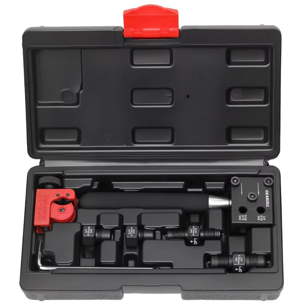 Double Flaring Tool Kit, 45 Degree Brake Line Tubing Flare Tool with Tube Cutter, SAE & Metric Dies